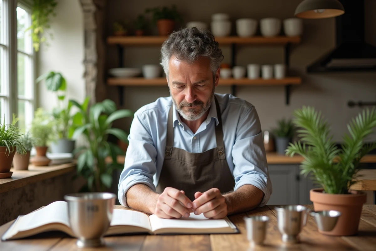 Homme avec ustensiles de cuisine et livre de recettes