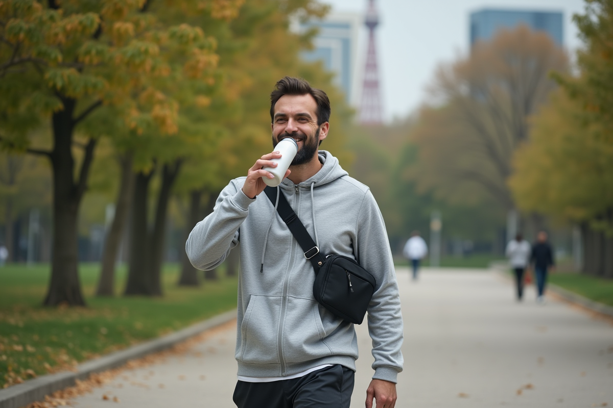 Homme en jogging buvant dans un parc urbain