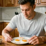 Homme sportif mangeant des œufs au plat dans une cuisine moderne pour sa prise de protéines en musculation