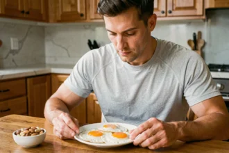 Homme sportif mangeant des œufs au plat dans une cuisine moderne pour sa prise de protéines en musculation
