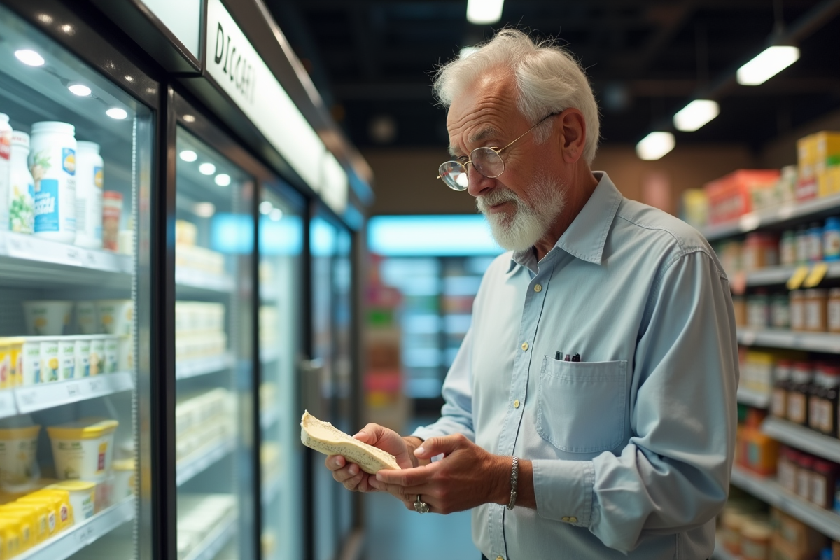 Homme choisissant du beurre dans un supermarché moderne