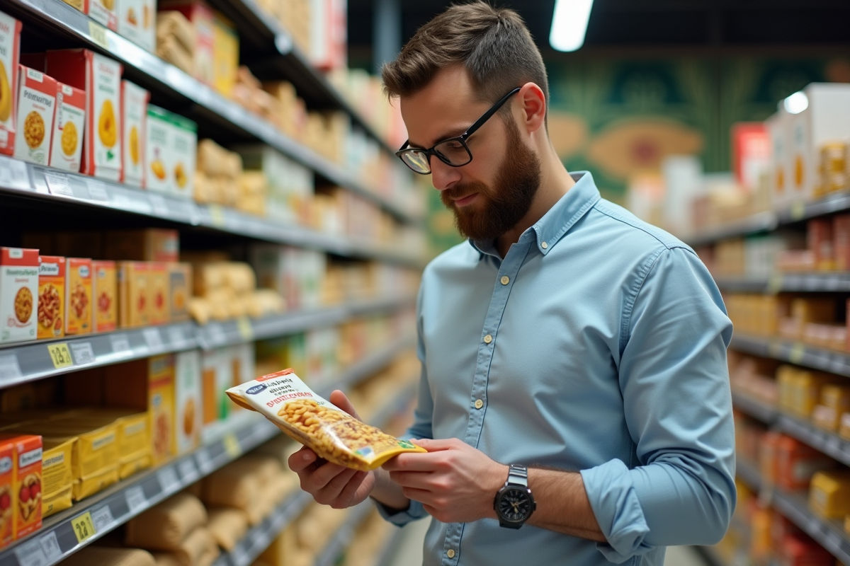 Homme avec un paquet de pâtes dans un supermarché