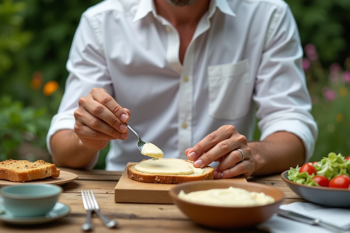 Homme étalant mayonnaise maison sur pain dans un jardin