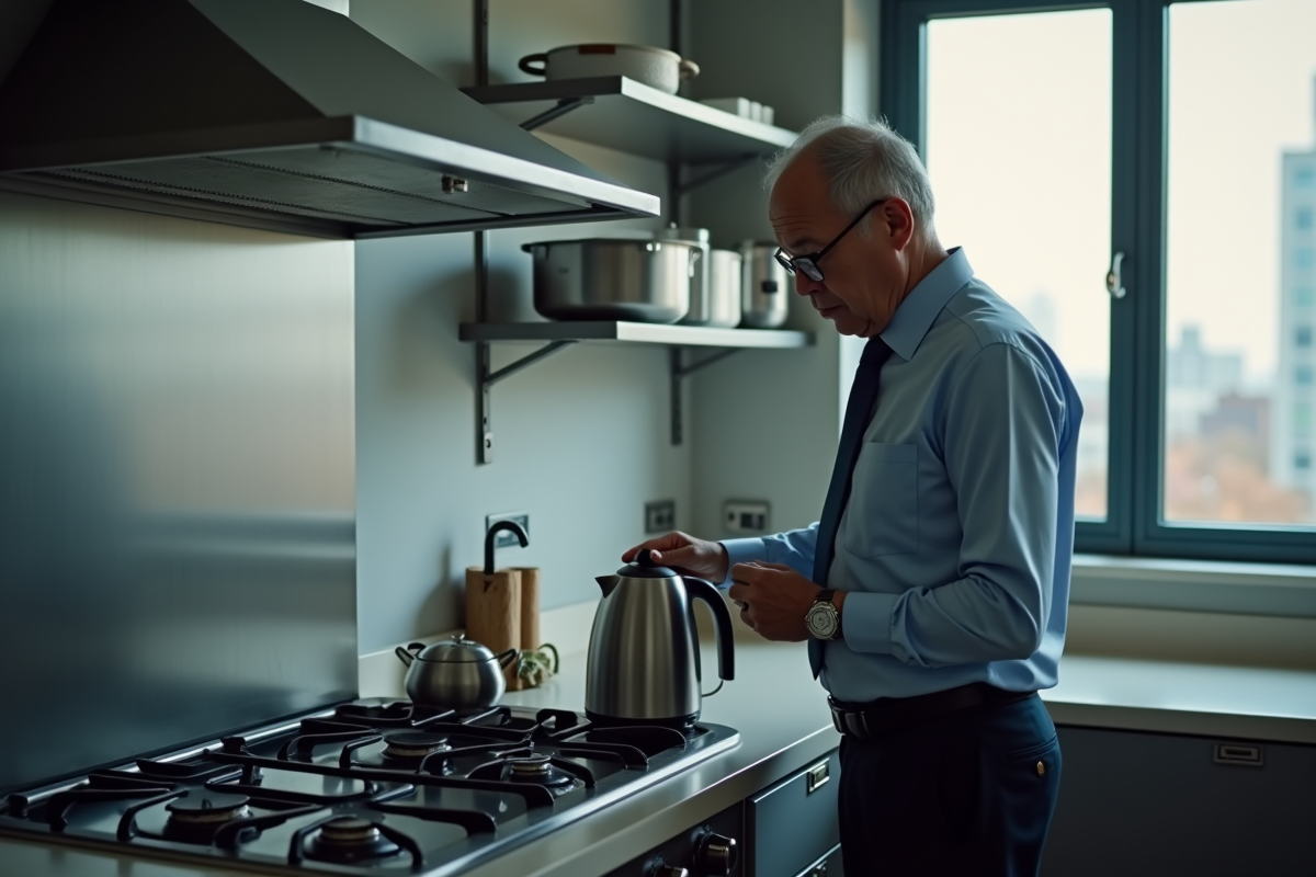 Homme d affaires inspectant une bouilloire dans un bureau