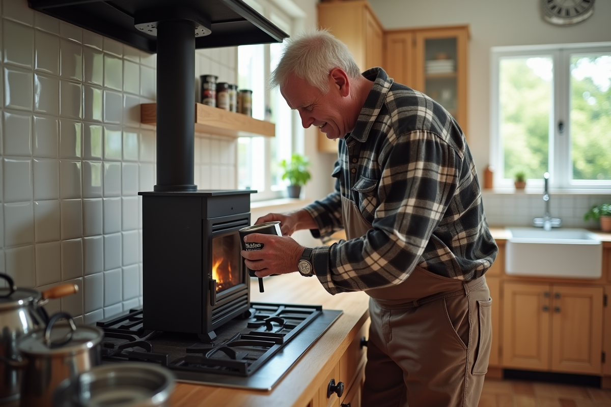 Homme lisant l’étiquette d’une peinture pour poêle dans la cuisine