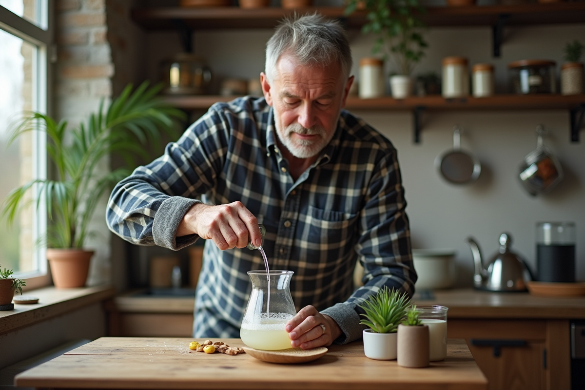 Homme versant un mélange de vinaigre dans une bouilloire rustique