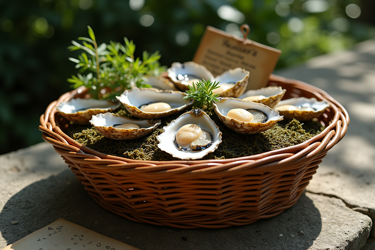 Huitres fermées dans un panier en osier avec herbes et note