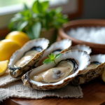 Huitres fraîches sur une table en bois avec citron et sel