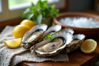Huitres fraîches sur une table en bois avec citron et sel