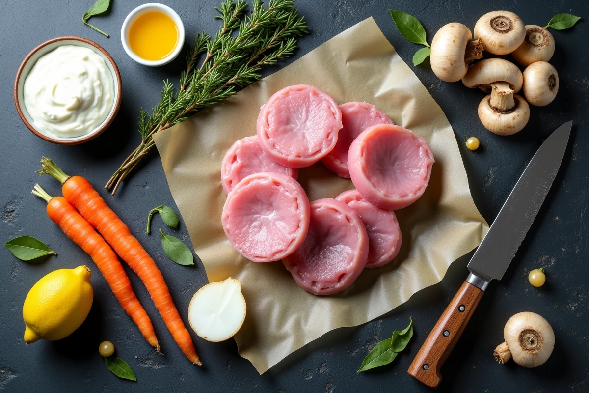 Ingrédients frais pour préparer une blanquette de veau : veau, champignons, carottes, crème fraîche et bouquet garni