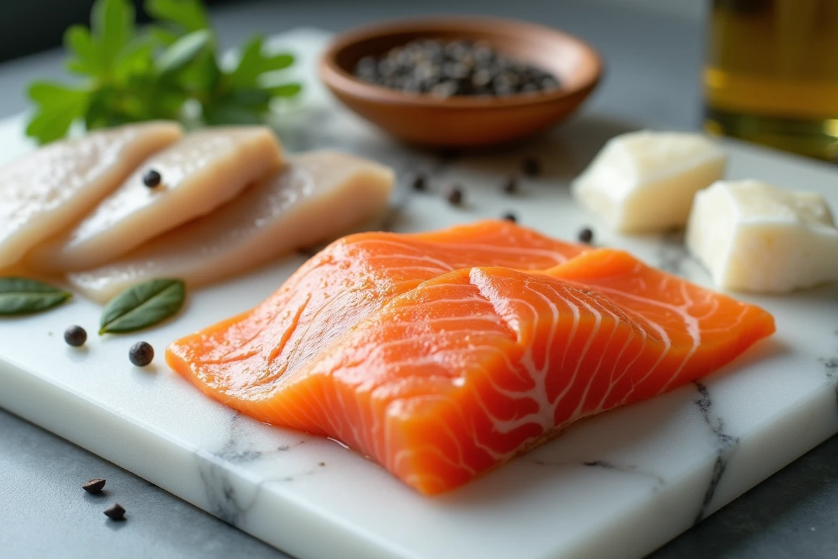 Ingrédients frais pour choucroute aux poissons : filets de saumon, haddock, cabillaud, épices et vin blanc sur marbre