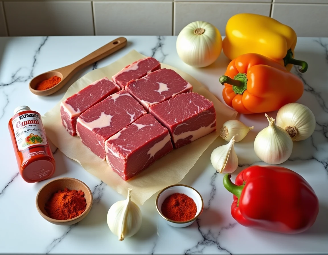 Ingrédients frais pour une recette de goulash hongrois disposés sur un plan de travail en marbre