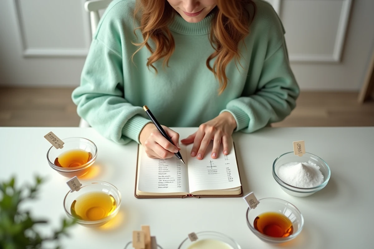 Jeune femme comparant différents ingrédients en grammes et centilitres avec un carnet de conversion fait main sur une table de cuisine scandinave