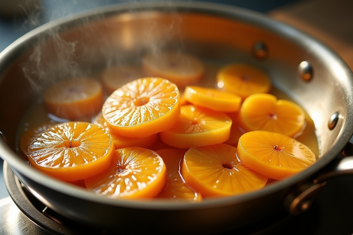 Gros plan de fruits en cuisson dans une poêle en inox