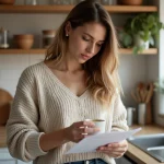 Jeune femme en cuisine avec verre doseur et recette
