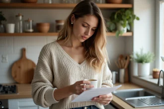 Jeune femme en cuisine avec verre doseur et recette