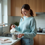 Jeune femme versant du lait dans une casserole en cuisine