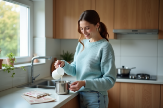 Jeune femme versant du lait dans une casserole en cuisine