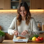 Jeune femme cuisine saine avec poulet et légumes