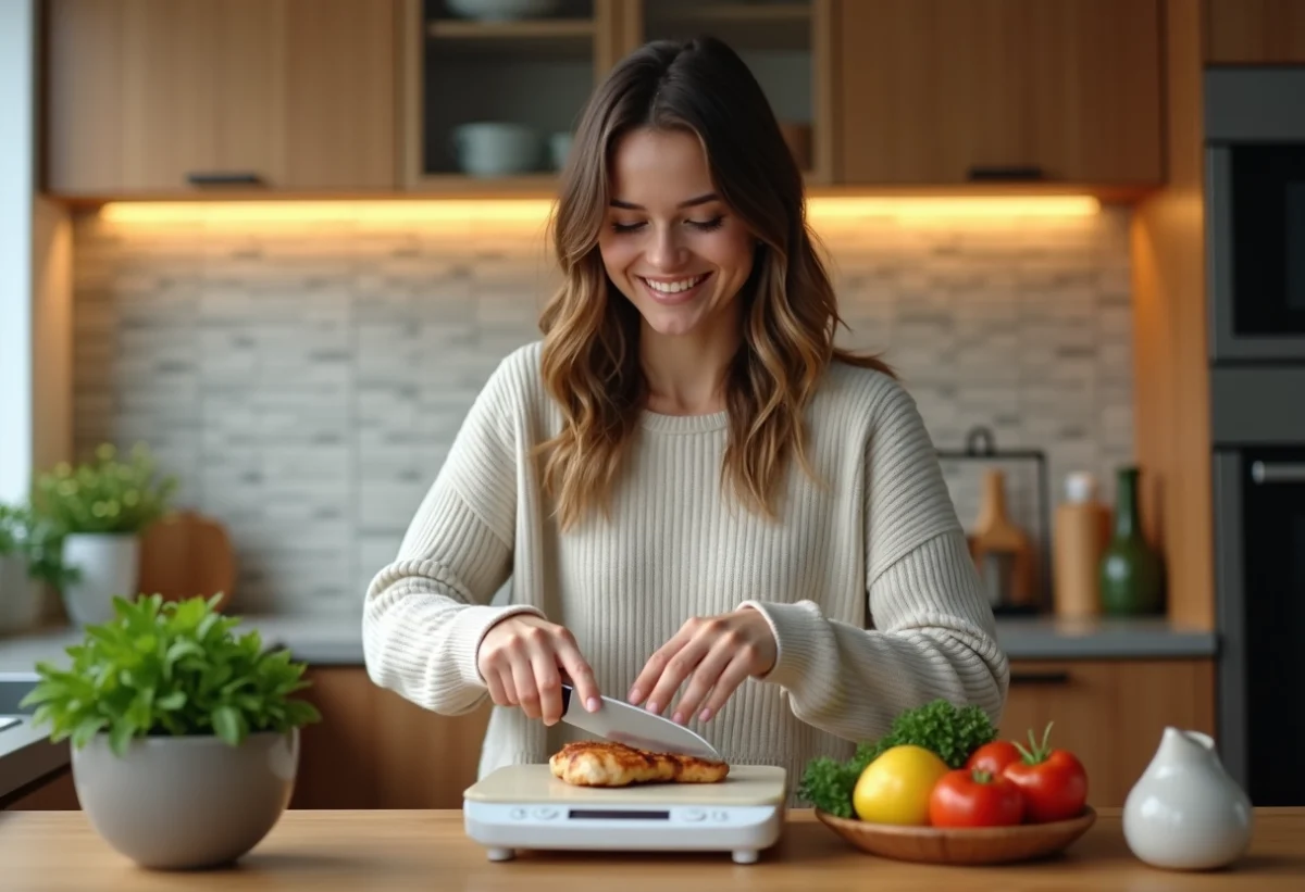 Jeune femme cuisine saine avec poulet et légumes