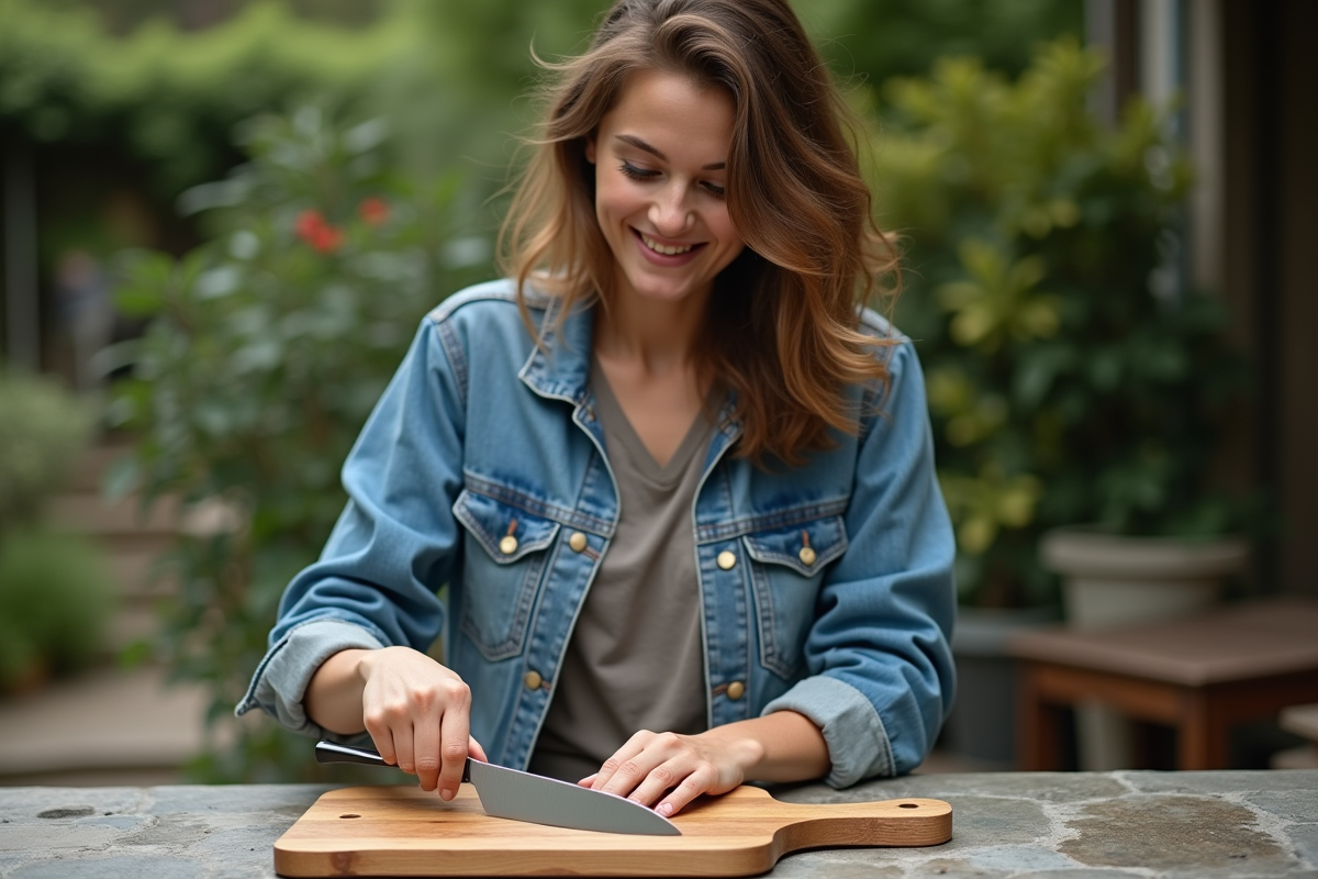 Jeune femme huilant un couteau en extérieur