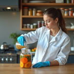 Jeune femme en blouse blanche verse liquide dans un bocal de légumes