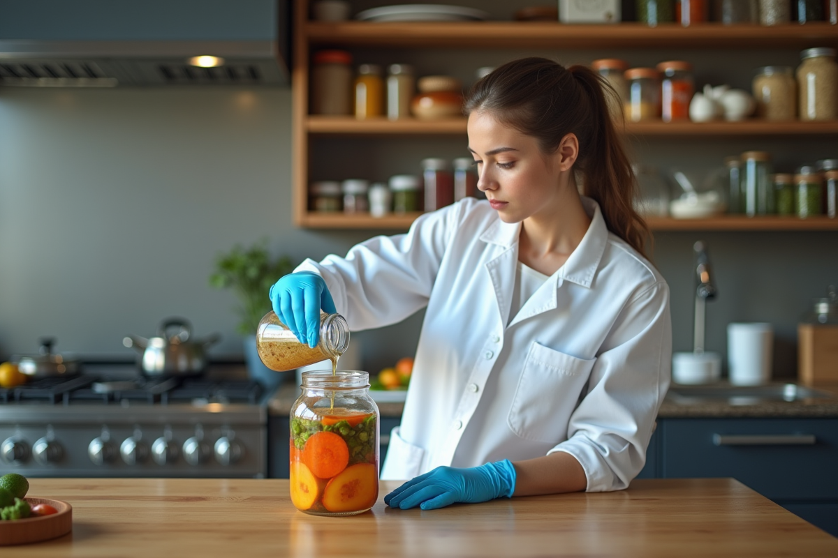 Jeune femme en blouse blanche verse liquide dans un bocal de légumes