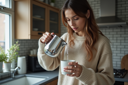 Jeune femme versant de l'eau chaude dans une tasse dans une cuisine moderne