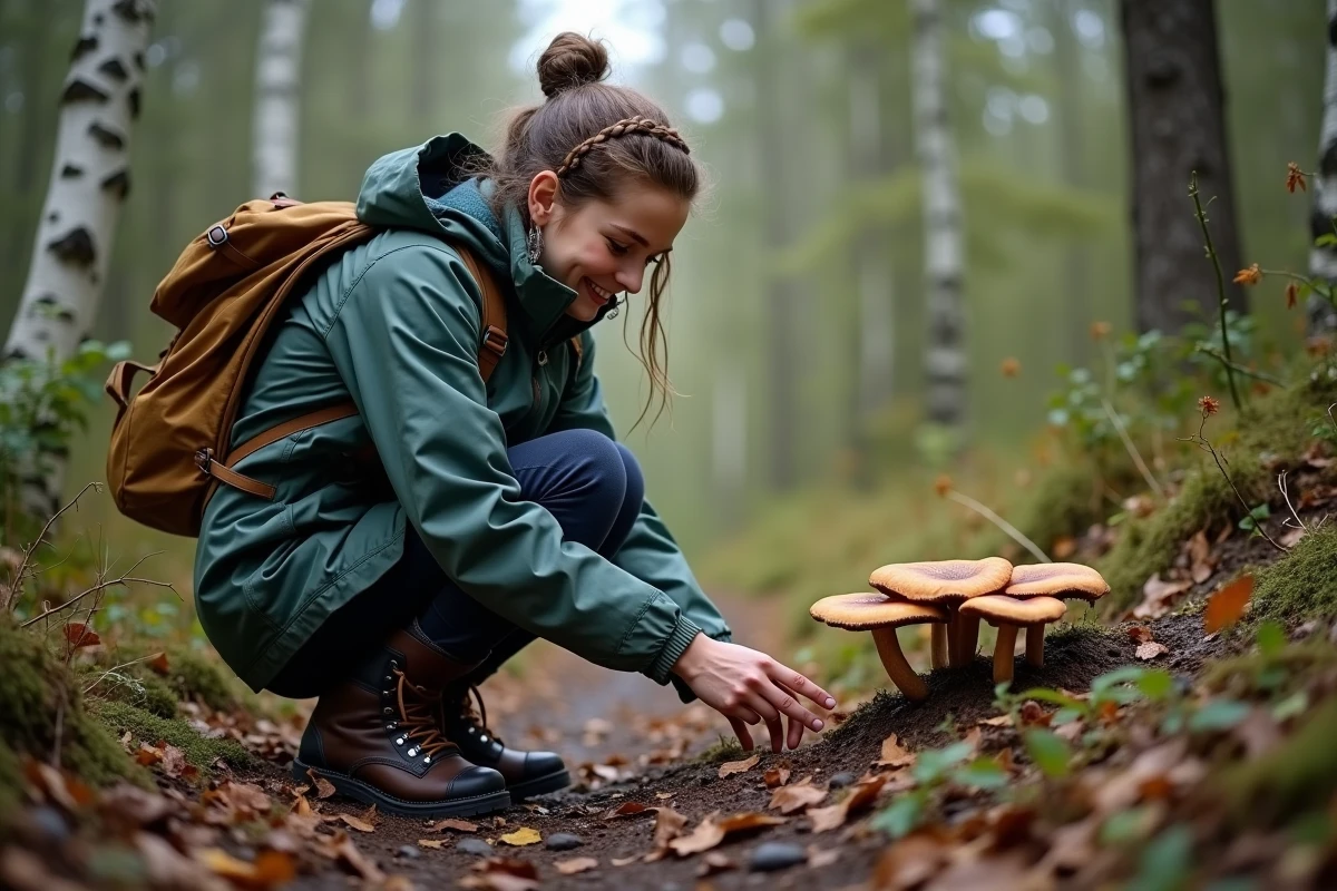 Jeune femme pointant des champignons dans la forêt
