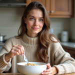Jeune femme en sweater mangeant de l'avoine dans la cuisine