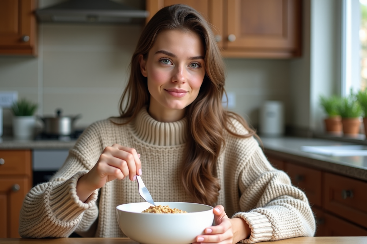 Jeune femme en sweater mangeant de l'avoine dans la cuisine