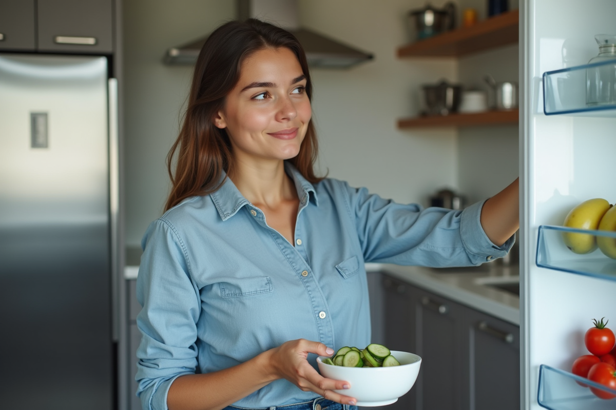 Jeune femme choisissant un snack dans le frigo avec concombre