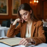 Jeune femme en blazer chic dégustant un menu dans un restaurant étoilé