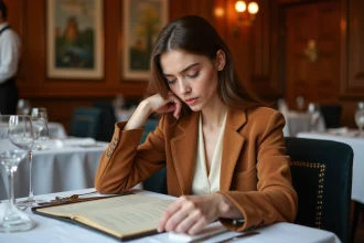 Jeune femme en blazer chic dégustant un menu dans un restaurant étoilé