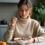 Jeune femme saupoudrant des graines de chia sur un bol de yogurt vegan