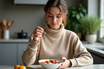 Jeune femme saupoudrant des graines de chia sur un bol de yogurt vegan