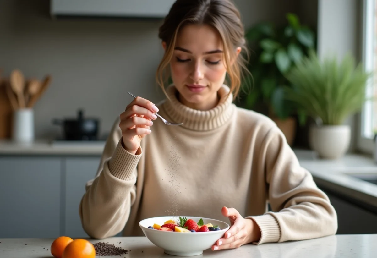 Jeune femme saupoudrant des graines de chia sur un bol de yogurt vegan