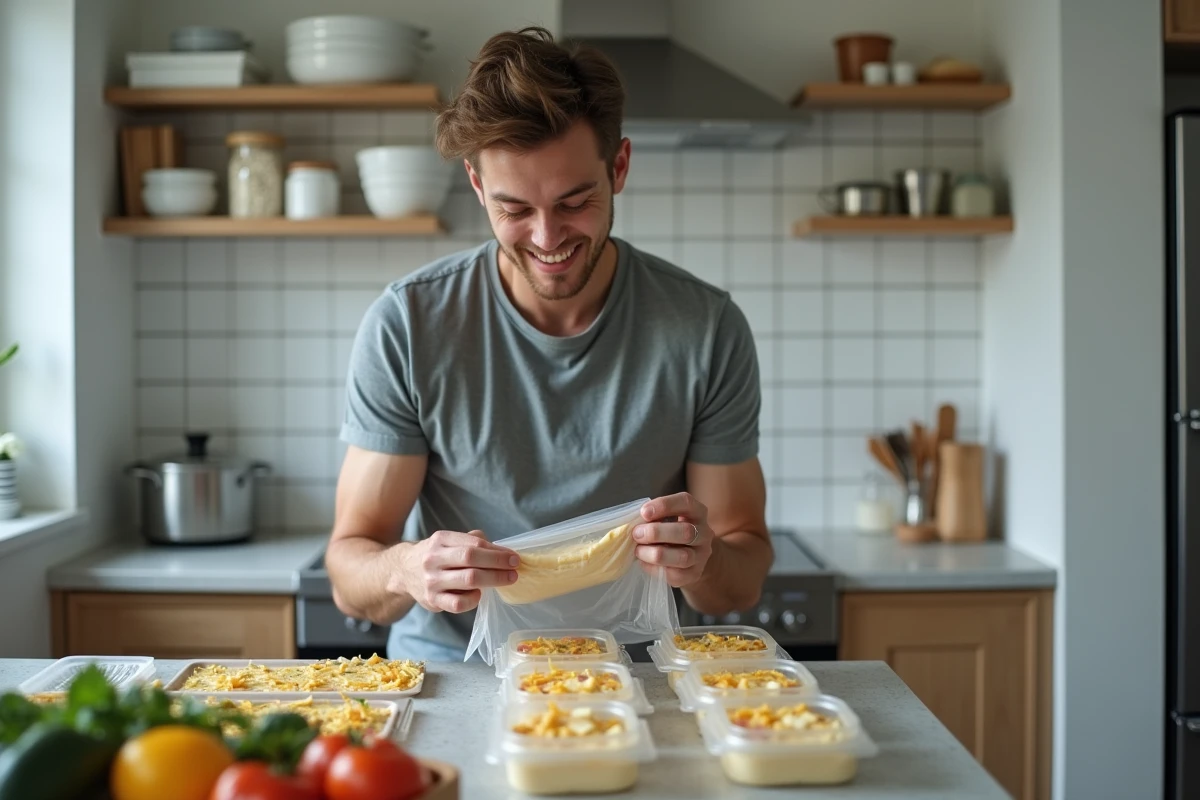 Jeune homme emballant un gratin d