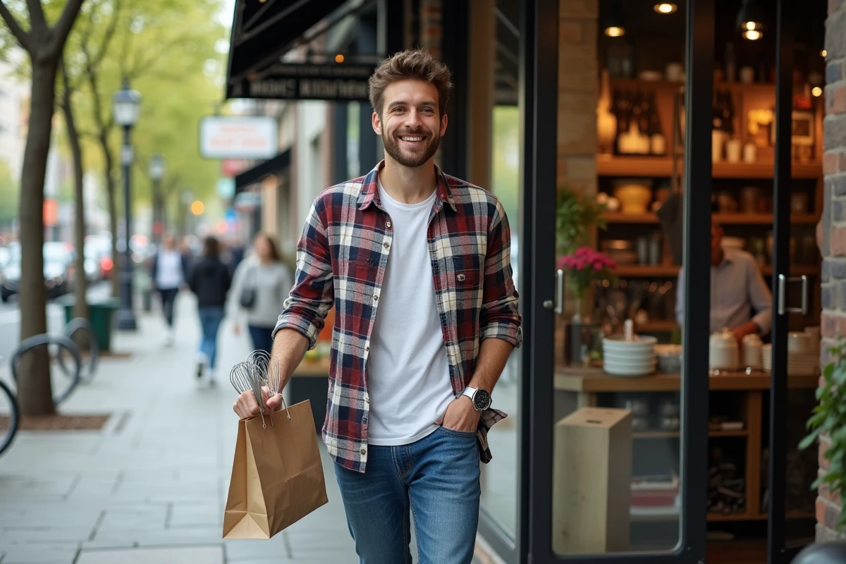 Jeune homme sortant boutique d