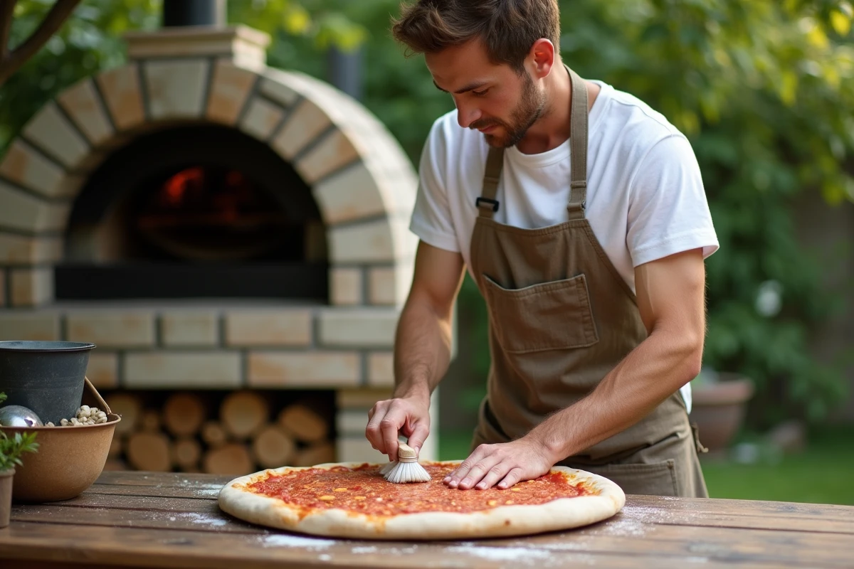 Jeune homme nettoyant une pierre à pizza en extérieur