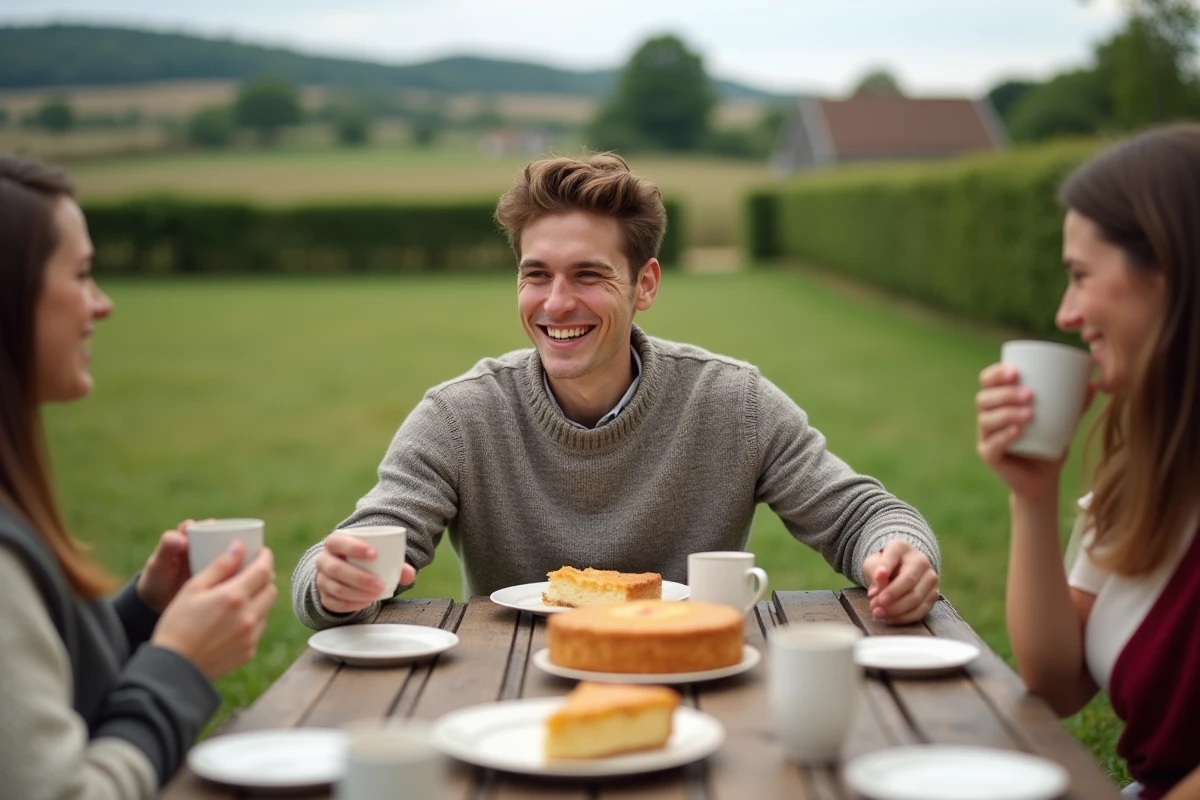 Jeune homme partageant des parts de quatrequarts lors d’un pique-nique champêtre