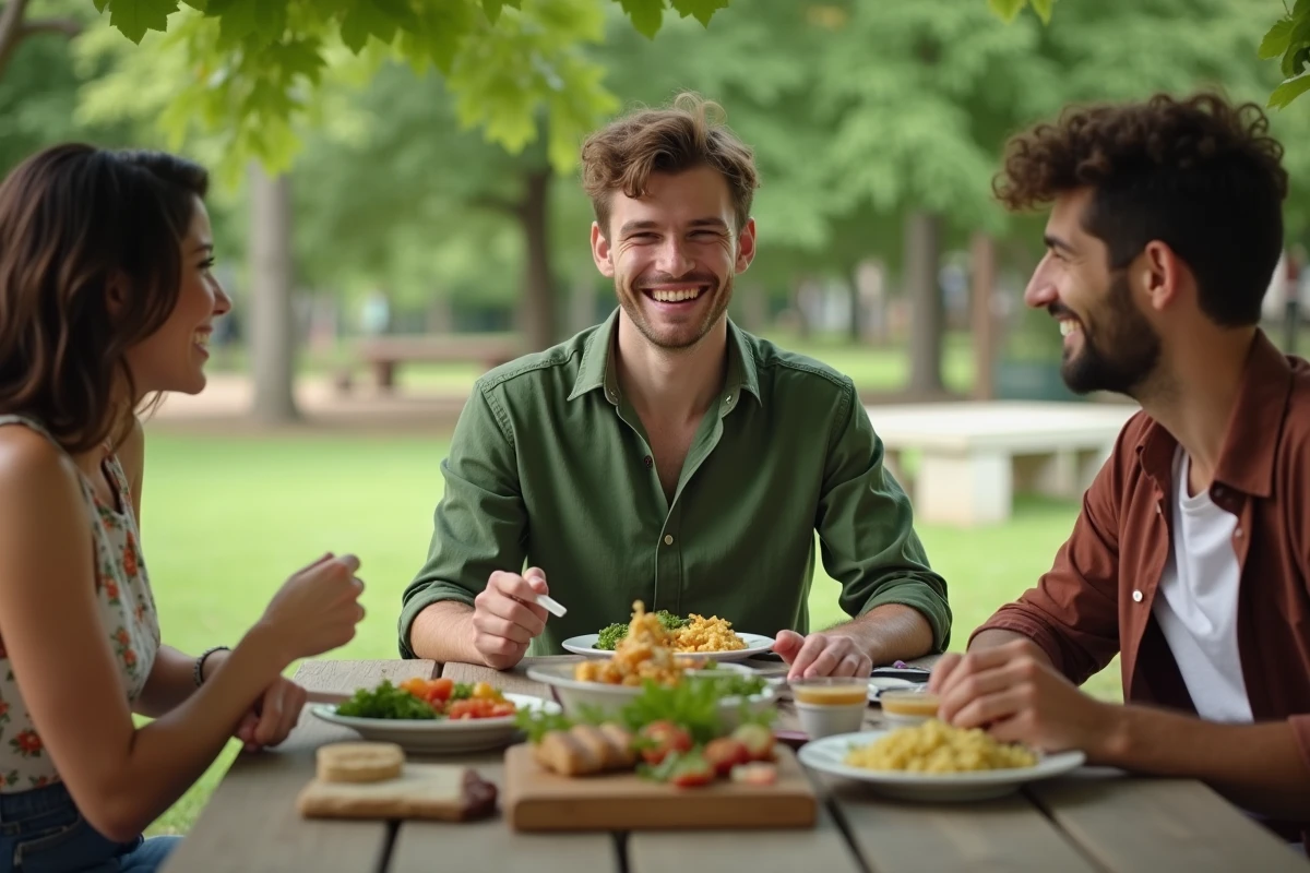Jeune homme partageant un repas végétal en plein air