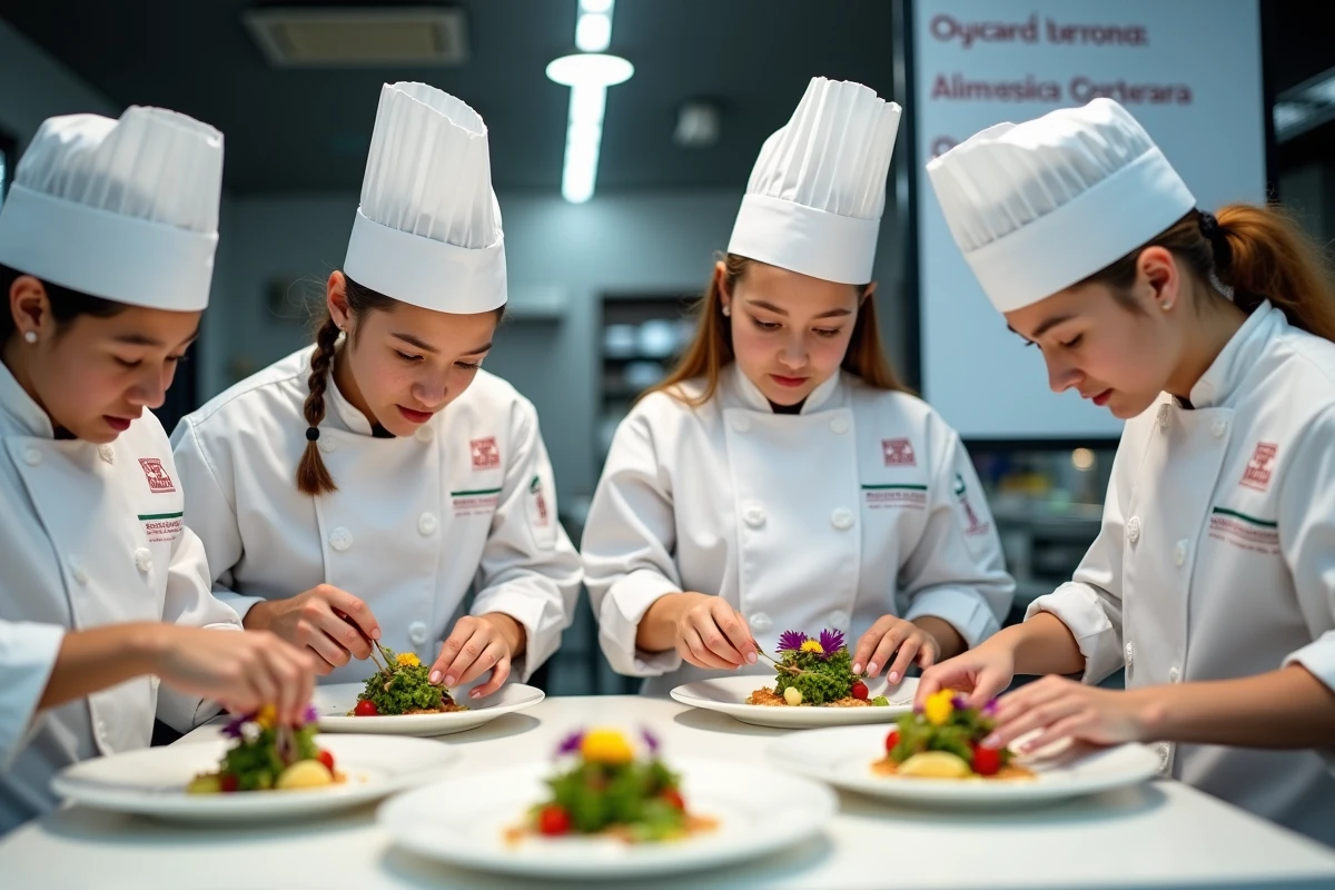 Jeunes talents du concours Graines de Chefs en toque blanche concentrés sur le dressage de leurs plats lors d'une finale de cuisine scolaire