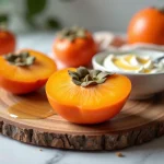 Kaki mûr coupé en deux sur une planche en bois avec yaourt et miel pour un petit-déjeuner sain