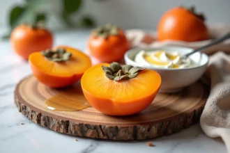 Kaki mûr coupé en deux sur une planche en bois avec yaourt et miel pour un petit-déjeuner sain