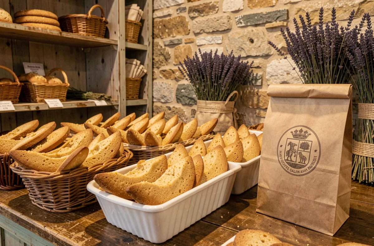 Navettes provençales dorées à la fleur d'oranger en paniers d'osier dans une boutique d'Aix-en-Provence