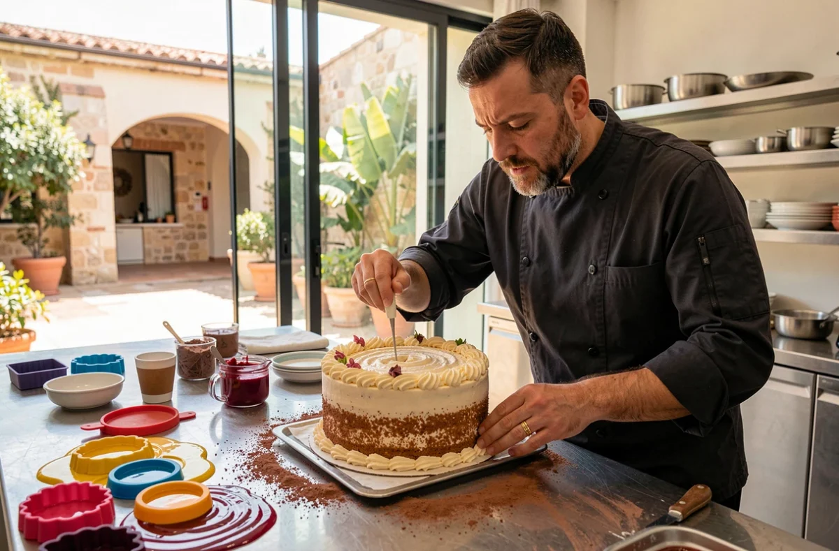 Chef pâtissier en cours de masterclass créative dans un atelier moderne de Nice