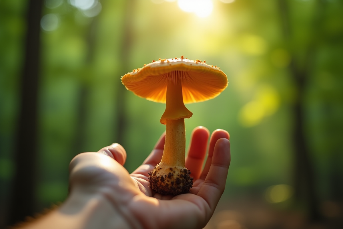 Main tenant une chanterelle dans une forêt ensoleillée