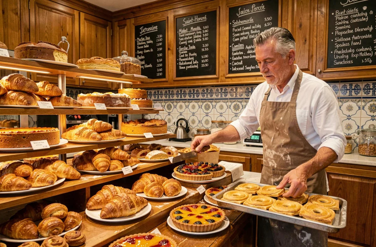 Comptoir de boulangerie-pâtisserie marseillaise avec Saint-Honoré et viennoiseries sur présentoirs en bois