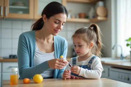 Jeune maman mesurant un médicament pour son enfant